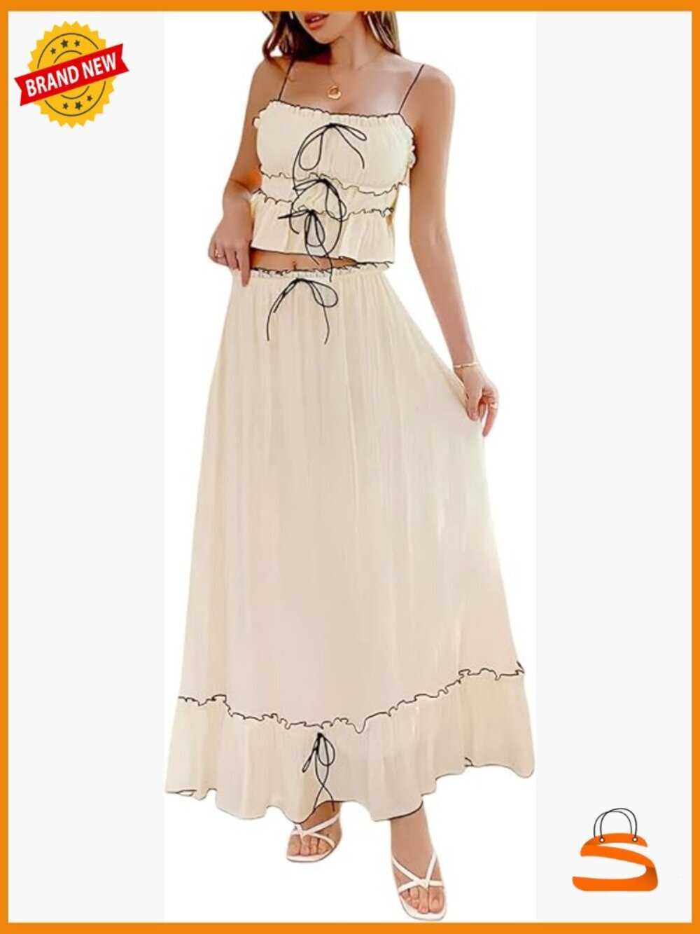 2 Piece Maxi Skirt Set - Crop Top & Flowy Ruffle Tiered Skirt